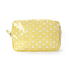 A yellow cosmetic storage bag with a glossy finish and white polka dots.