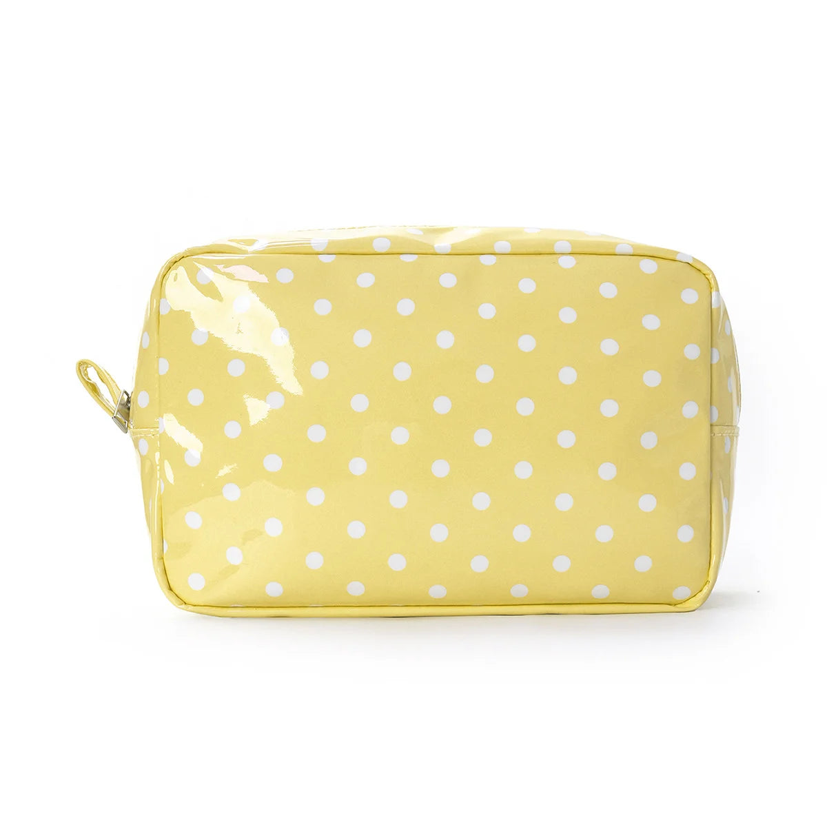 A yellow cosmetic storage bag with a glossy finish and white polka dots.