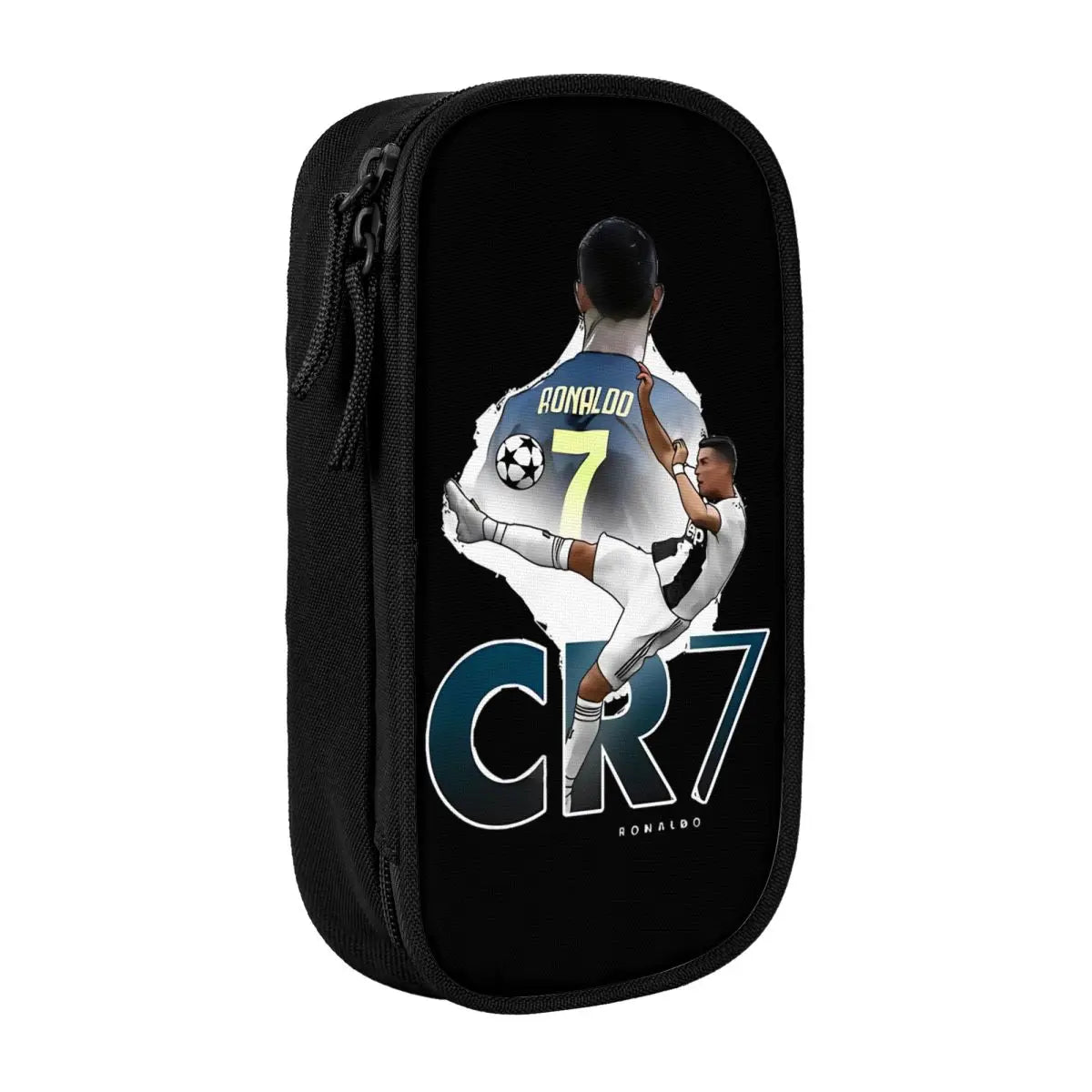 Black pencil case featuring a graphic of Ronaldo wearing number 7 and a soccer ball.