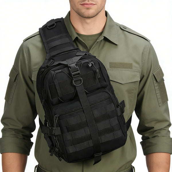 A man wearing a olive green shirt is holding a black multi-compartment crossbody and chest bag.