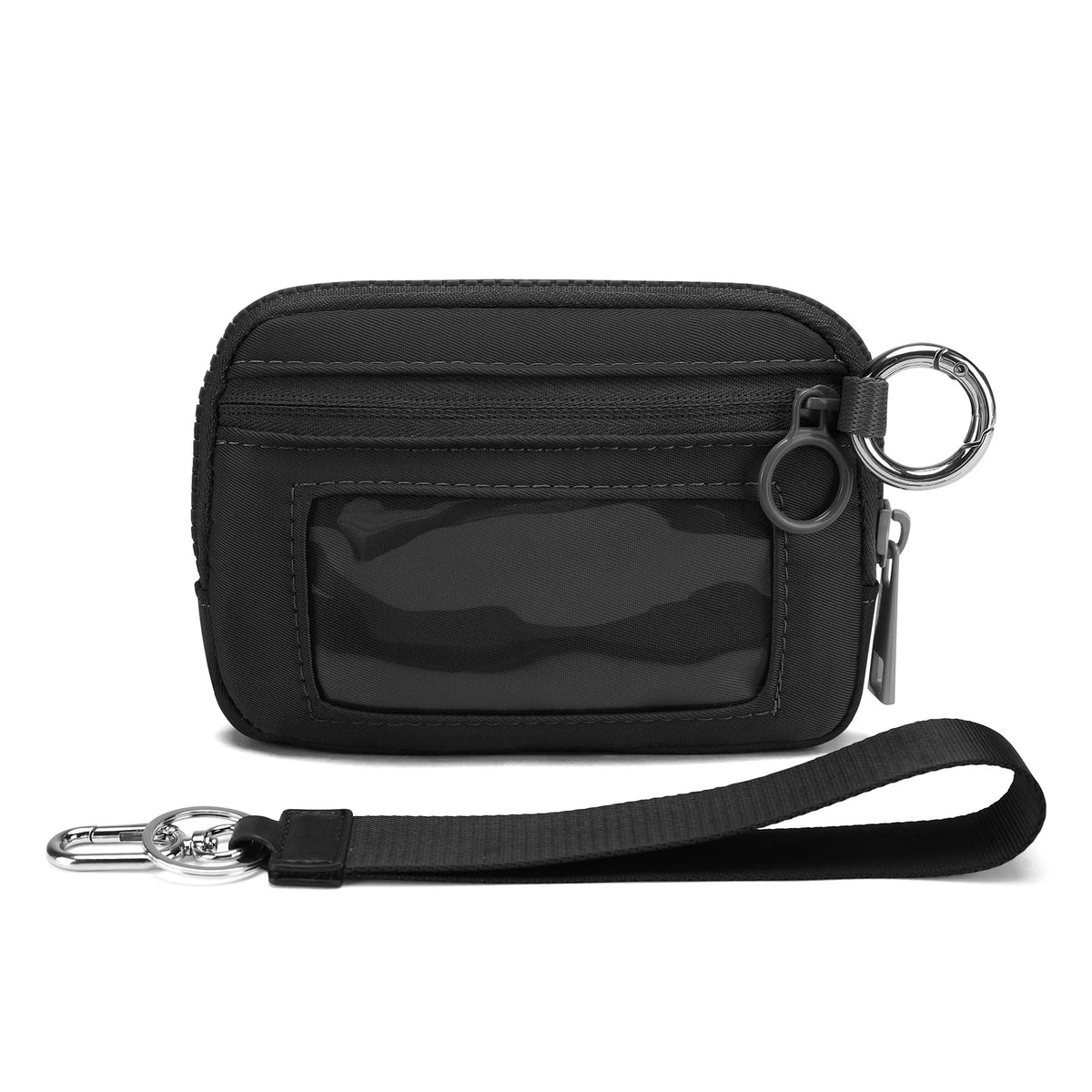 Black multi-functional zipper wallet with a leather keychain strap