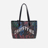 A black and multicolored geometric print tote bag with a handle.