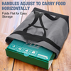 A black insulated cooler bag is shown folded flat next to a green delivery box on a wooden surface.