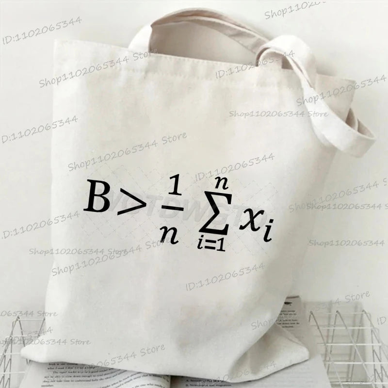 A white canvas tote bag featuring the mathematical inequality B > 1/n * sum(xi) where i=1 printed on it.