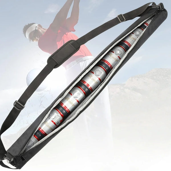 Insulated golf bag beer cooler sleeve with multiple cylindrical inserts for storing seven cans