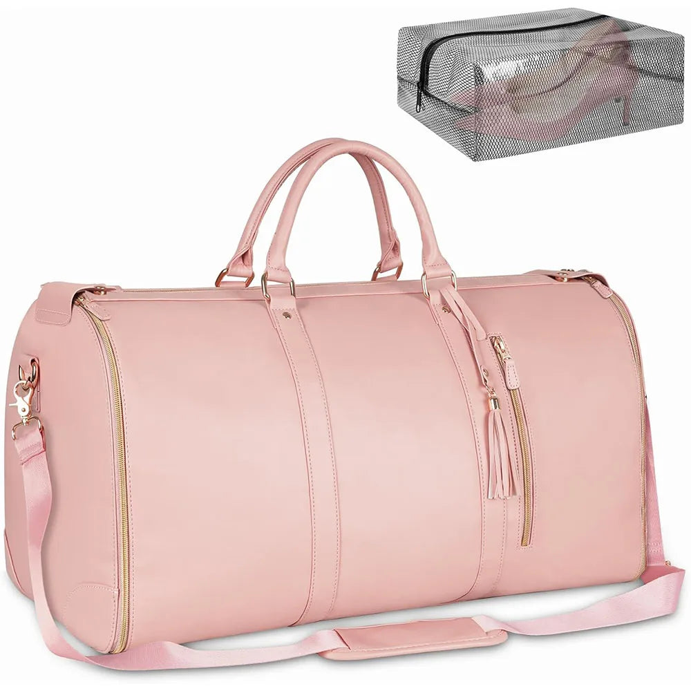 A pink foldable multi-function garment duffle bag with a mesh storage pouch shown next to the main bag.
