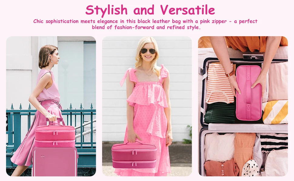 A pink leather bag with a pink zipper is shown next to a woman wearing a pink dress.