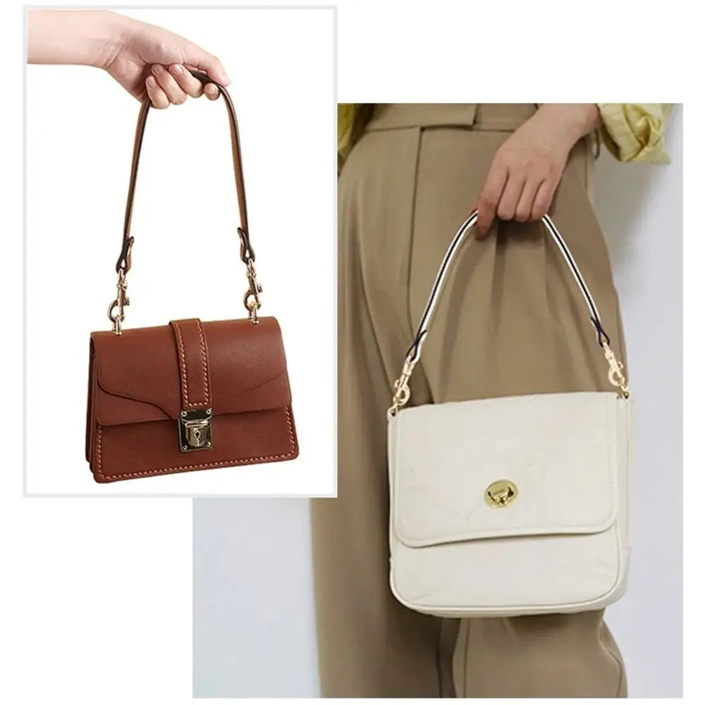 A brown leather handbag with a gold chain strap is shown being held by a hand against a beige skirt.
