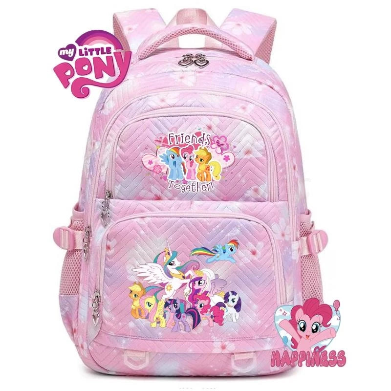 Pink My Little Pony themed backpack with multiple compartments and a happy face design