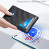 A hand holds a black RFID blocking men's bi-fold wallet, demonstrating data security against scanning.