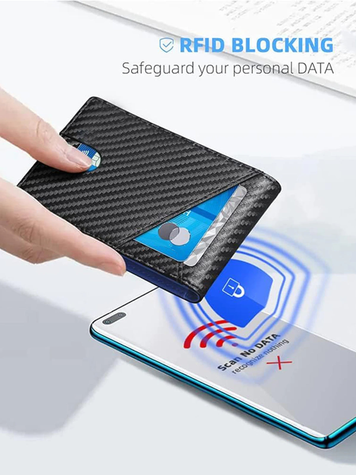 A hand holds a black RFID blocking men's bi-fold wallet, demonstrating data security against scanning.