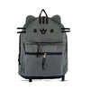 A gray Pusheen cat canvas backpack with black ears and eyes.