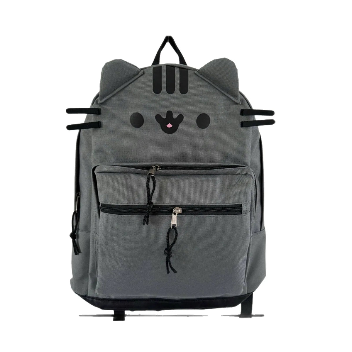 A gray Pusheen cat canvas backpack with black ears and eyes.