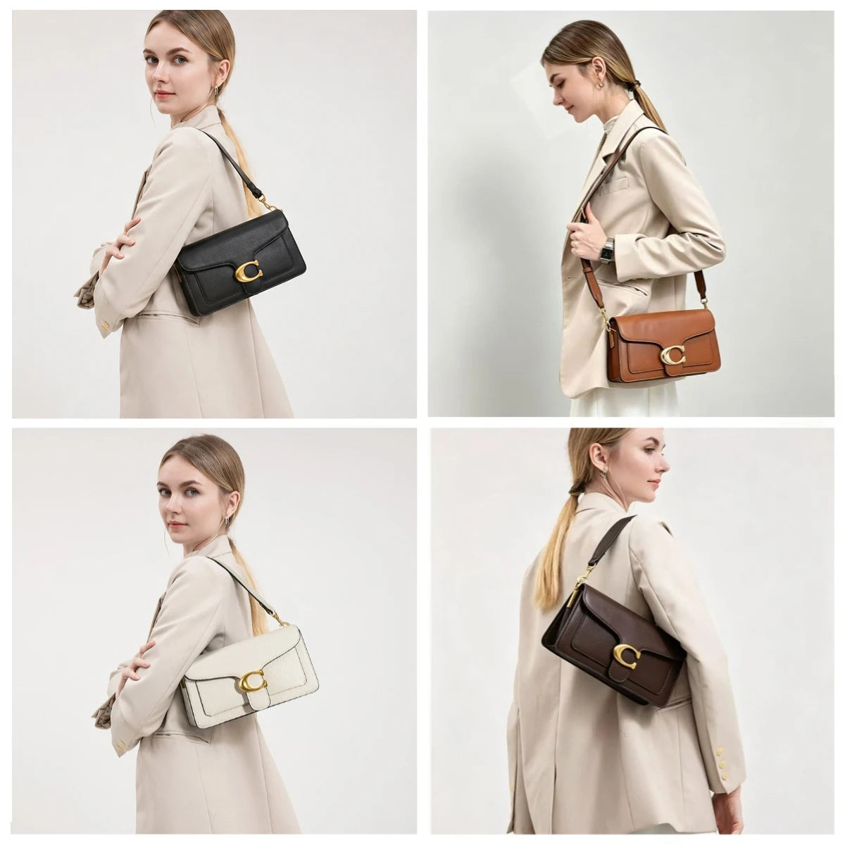 Three images showing a women's premium textured shoulder bag in beige and brown leather.