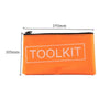 Orange tool kit organizer bag with measurements indicating its size.