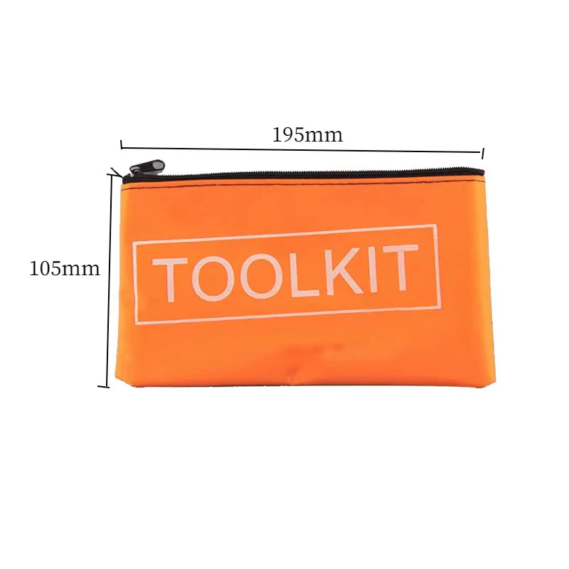 Orange tool kit organizer bag with measurements indicating its size.