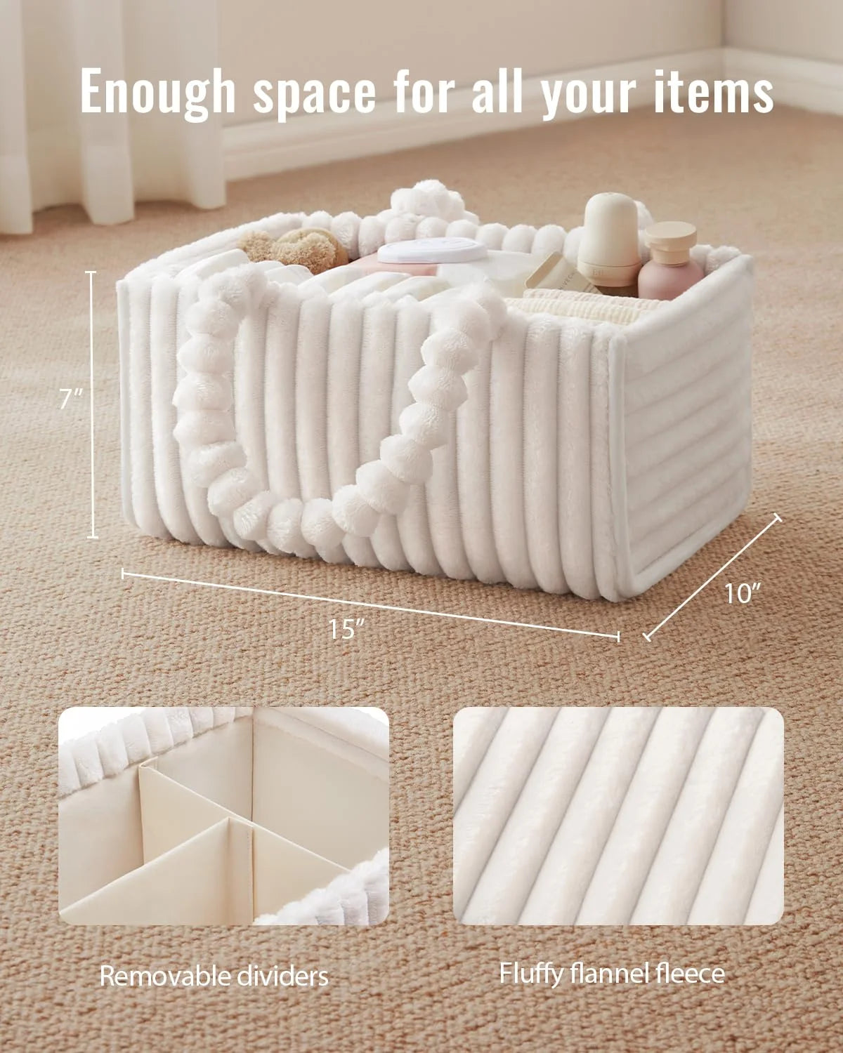 A white Flannel Diaper Caddy organizer with removable dividers and fluffy flannel fleece shown on a light carpet.