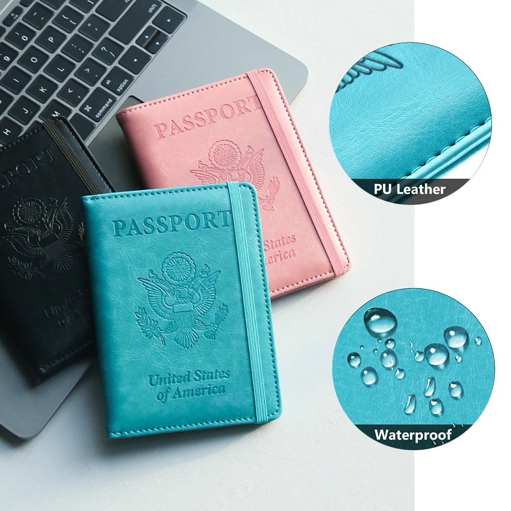 A pink and teal passport holder with an eagle design, showing PU leather material and waterproof features.