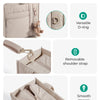 Light beige quilted crossbody tote bag showing details like a D-ring, removable shoulder strap, and smooth zippers.