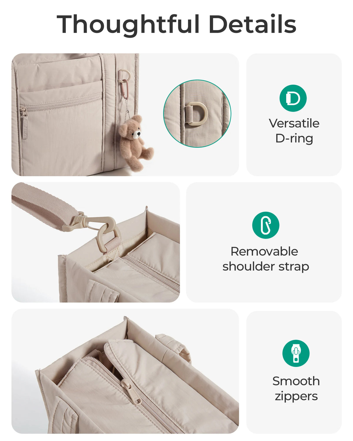 Light beige quilted crossbody tote bag showing details like a D-ring, removable shoulder strap, and smooth zippers.