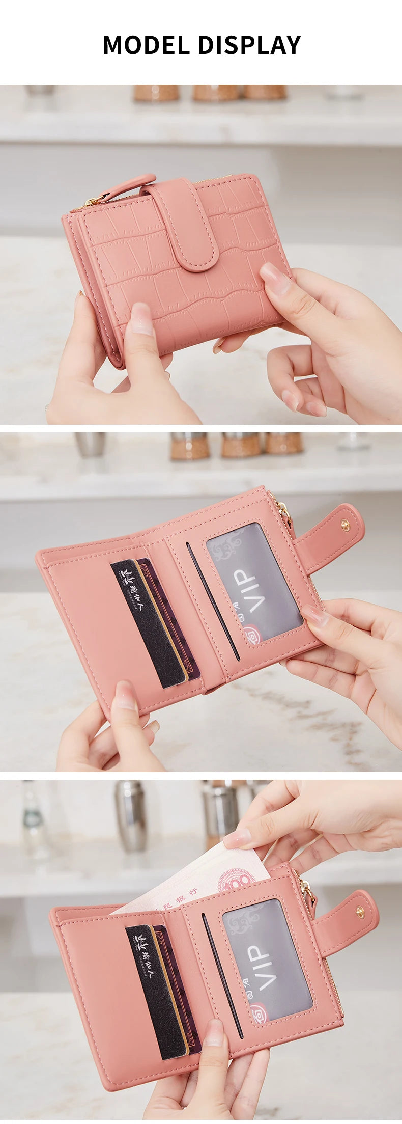A close-up display of a pink PU leather bifold wallet with a zipper closure, showing the interior and exterior details.