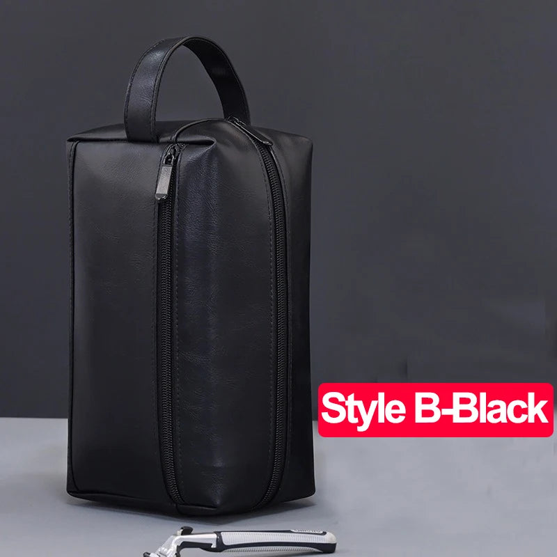 Black waterproof PU leather travel toiletry bag with a zipper shown against a gray background.