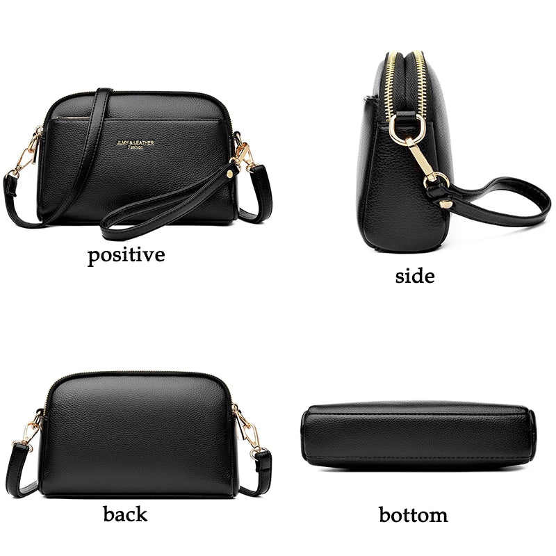 Black PU leather trendy shoulder crossbody bag shown from positive, side, back, and bottom angles.