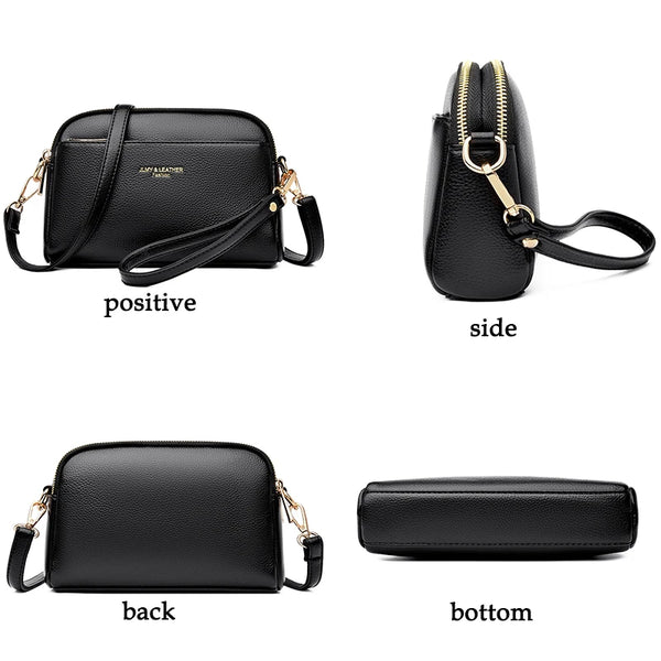 Black PU leather trendy shoulder crossbody bag shown from positive, side, back, and bottom angles.