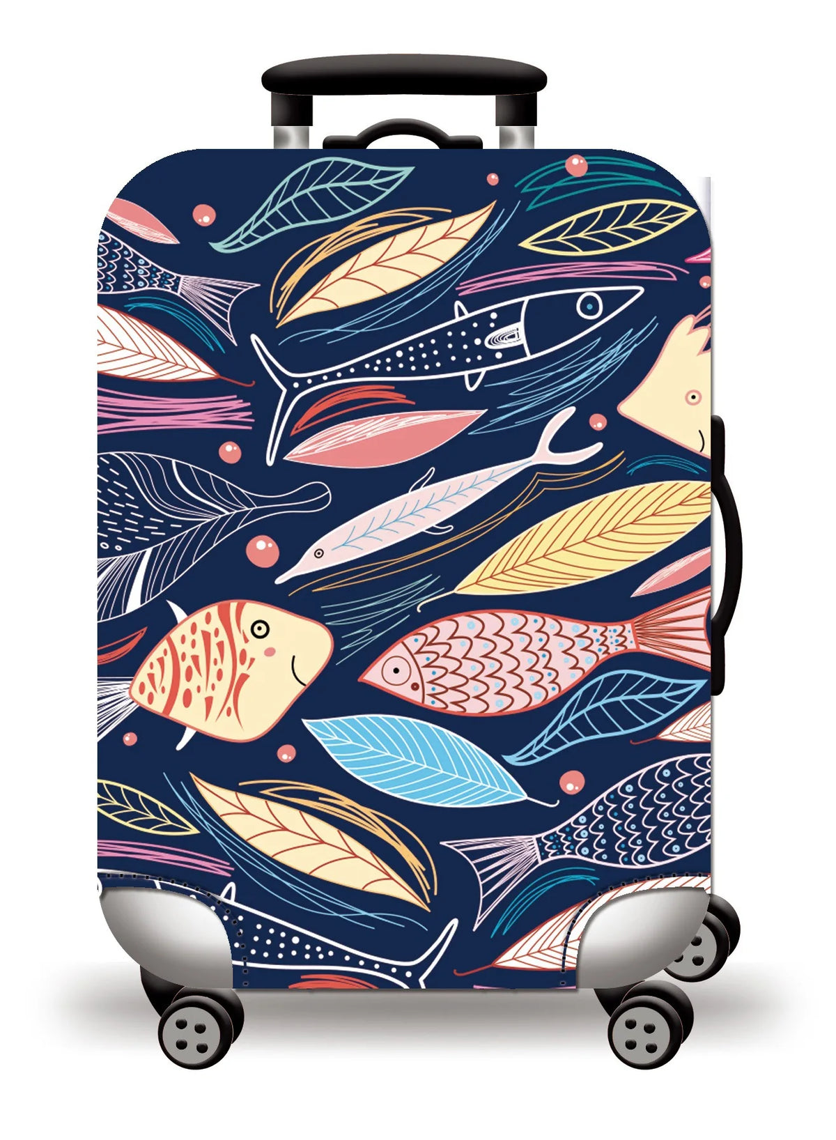 A dark blue suitcase with a patterned protective cover featuring stylized fish and leaves.