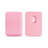 A pink MagSafe leather card wallet for iPhone shown in two views.