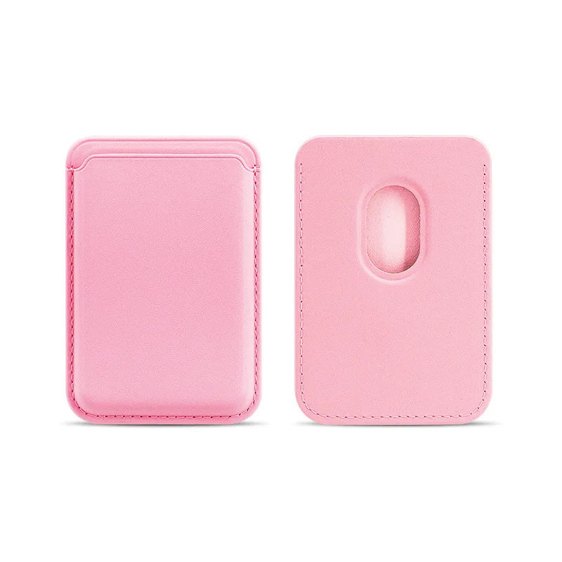 A pink MagSafe leather card wallet for iPhone shown in two views.