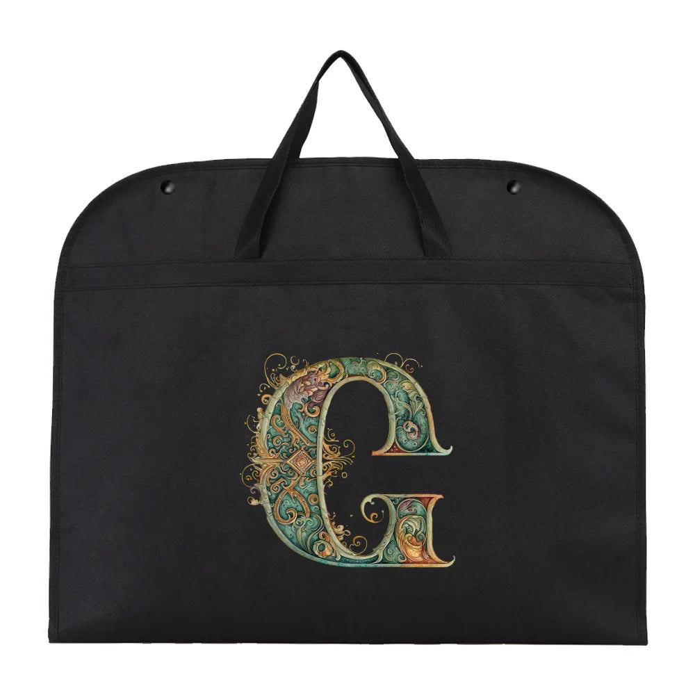 Black fabric dust cover and storage bag featuring an ornate gold and teal letter C design.