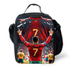 A black backpack featuring a graphic design of a soccer player celebrating with a number 7 on a red jersey.