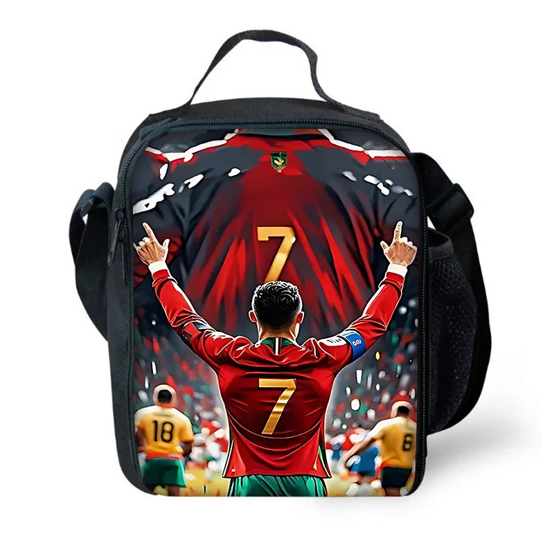 A black backpack featuring a graphic design of a soccer player celebrating with a number 7 on a red jersey.