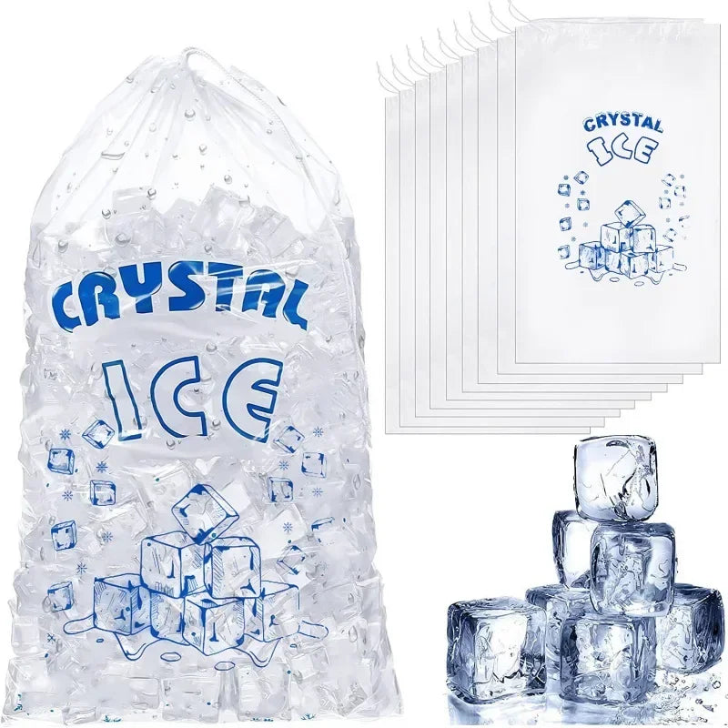 Clear drawstring bag filled with crystal ice cubes and a stack of ice cube molds