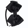A black satin bow headband is shown against a white background.