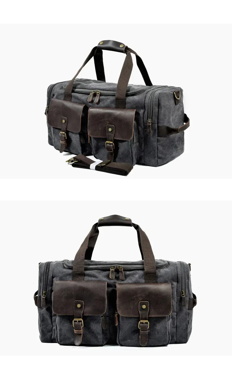 Dunkelgrabe Reise-Gepäcktasche aus Canvas mit braunen Lederakzenten und Tragegriffen