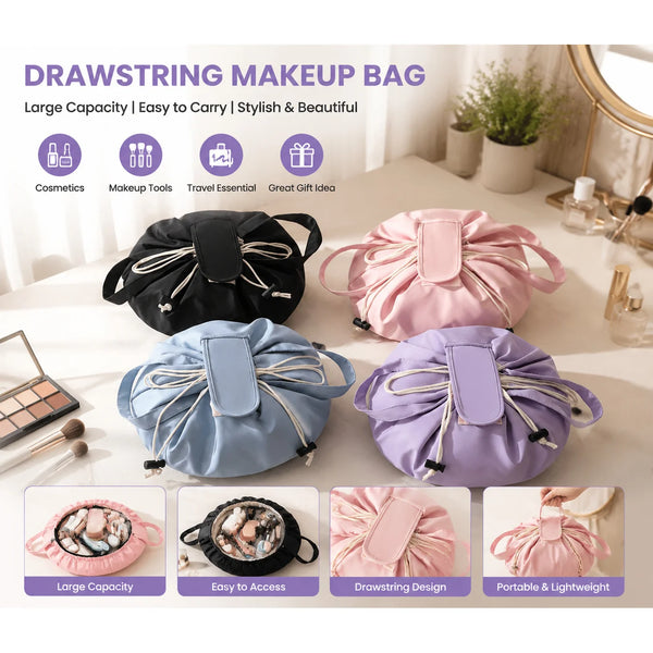 A flat lay display of various pink and purple drawstring makeup bags showing different designs and sizes.