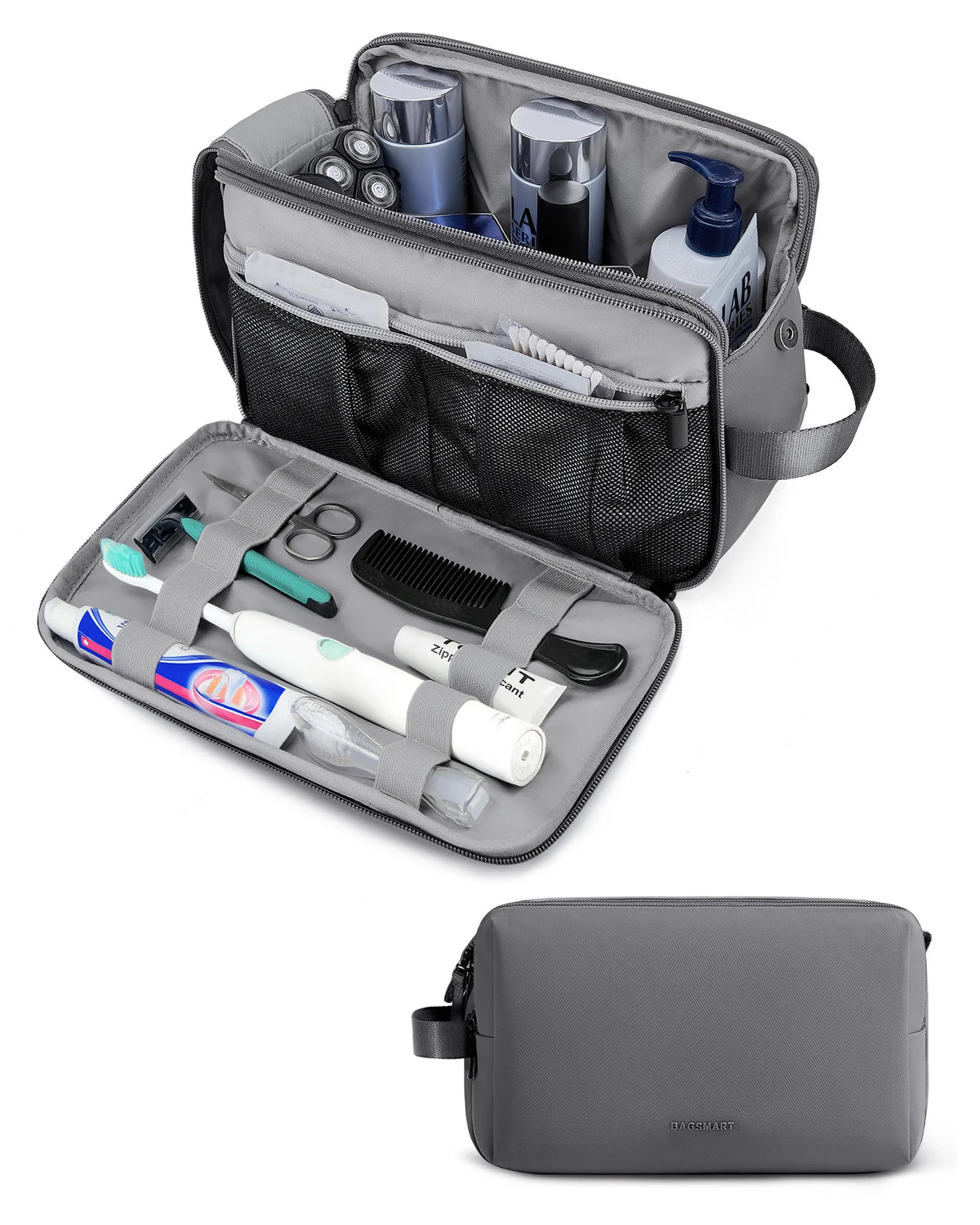 A gray toiletry bag with an open compartment showing various grooming tools and bottles.