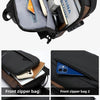 A black multi-level storage bag with various compartments and a shoulder strap for carrying items.