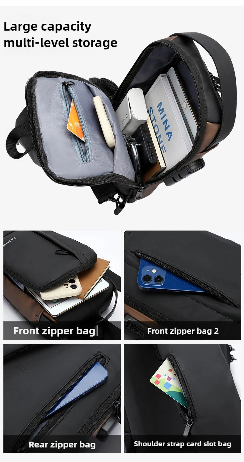 A black multi-level storage bag with various compartments and a shoulder strap for carrying items.