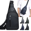 Black men's adjustable chest crossbody sling bag shown in various views