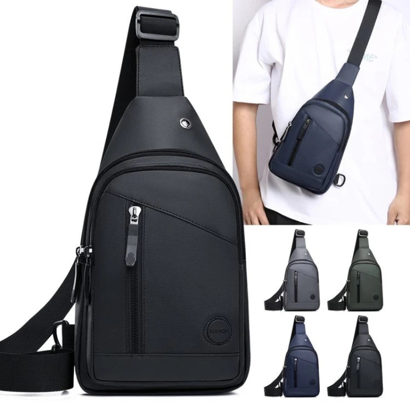 Black men's adjustable crossbody sling bag worn by a person.