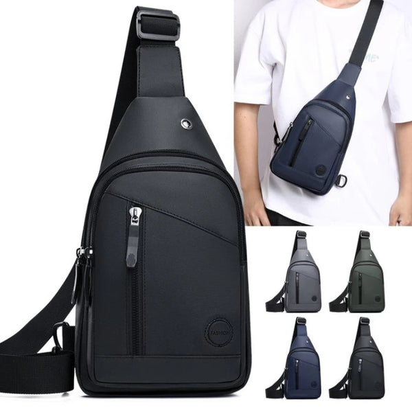 Black men's adjustable crossbody sling bag worn by a person.