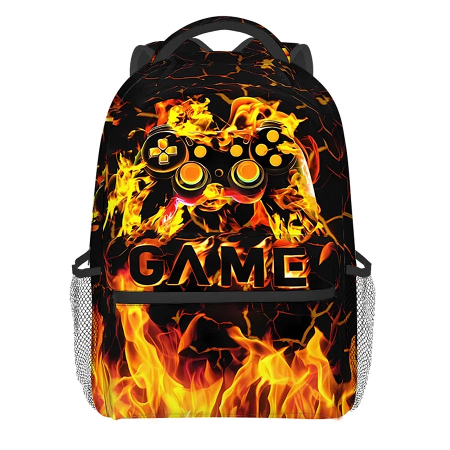 A black backpack featuring a fiery orange and yellow cartoon game controller design.