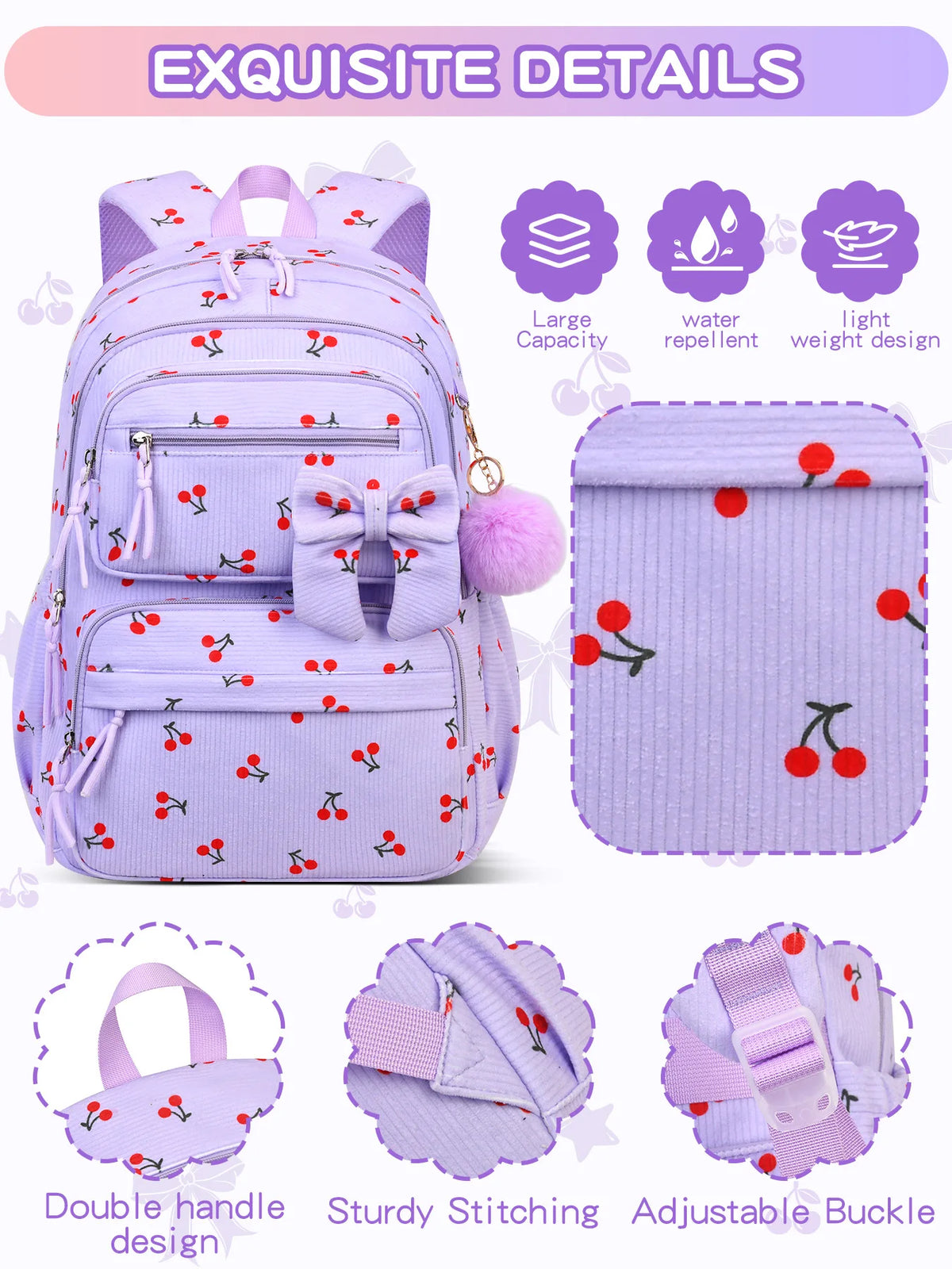 Lila Corduroi Schulranzen-Set mit Haupttasche und separates Beutel