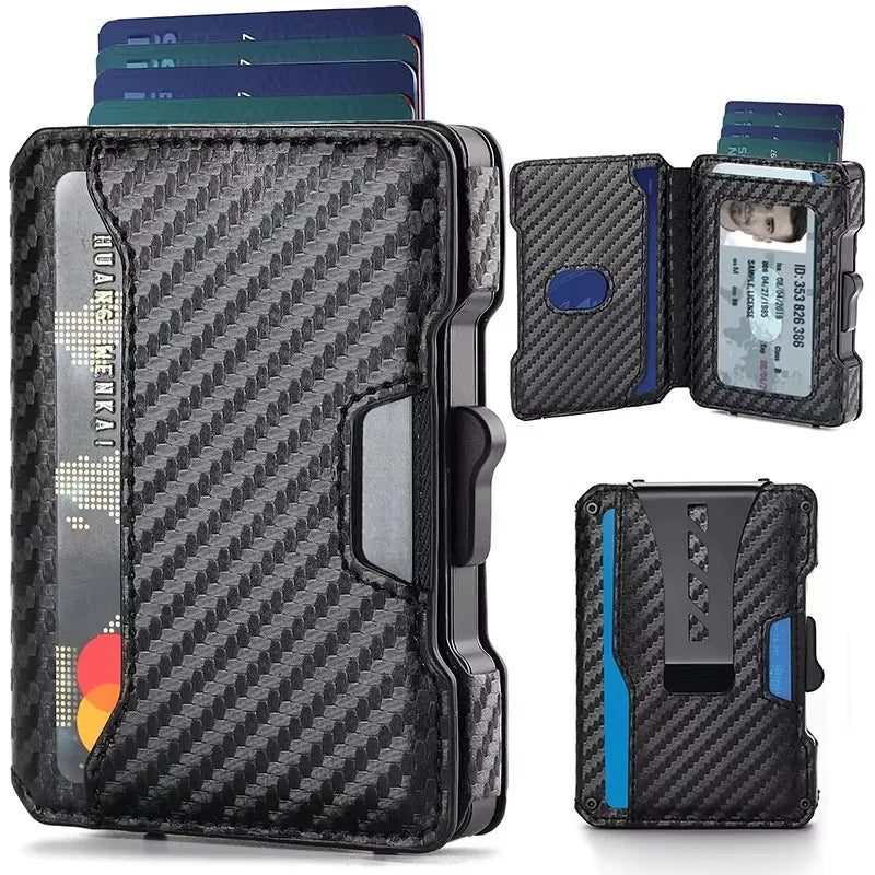 Cartera de tarjetas delgada y minimalista para hombre, de color negro con acabado texturizado y múltiples ranuras.