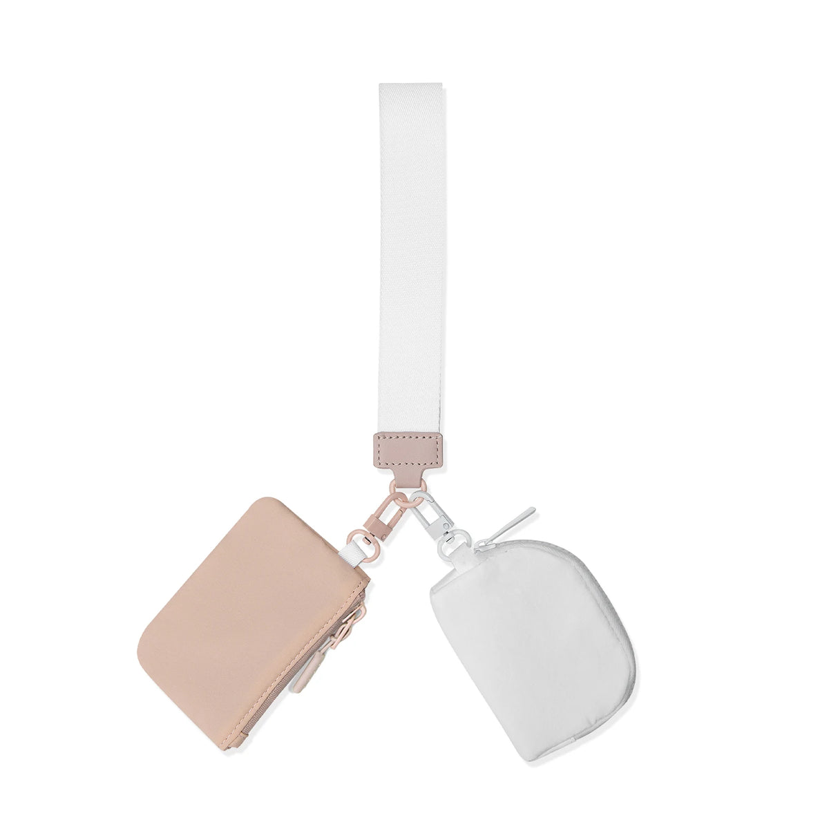 A small pink nylon zip wristlet coin purse with a white strap is shown against a white background.