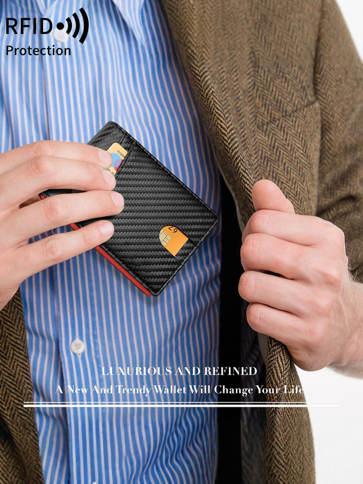 A hand holds a black carbon fiber minimalist trifold wallet against a blue striped shirt and brown jacket.