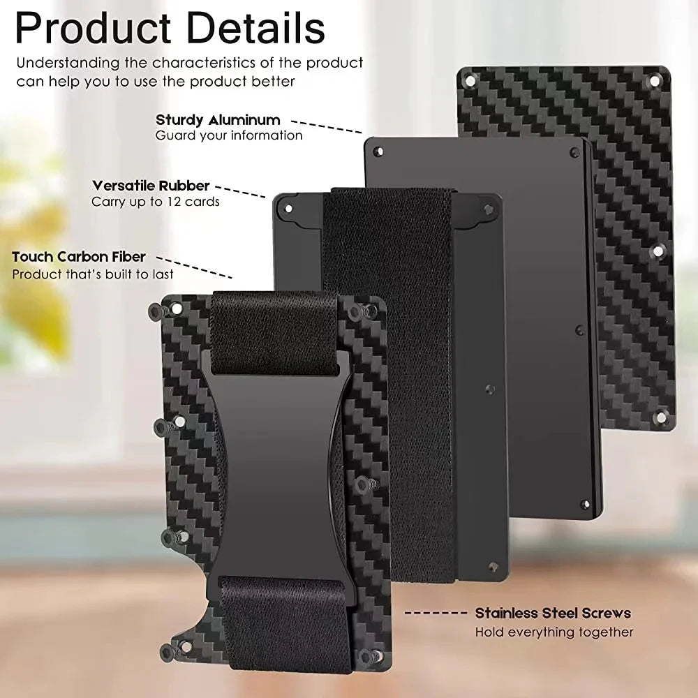A black slim metal RFID protection card holder wallet shown with various features like sturdy aluminum and stainless steel sc